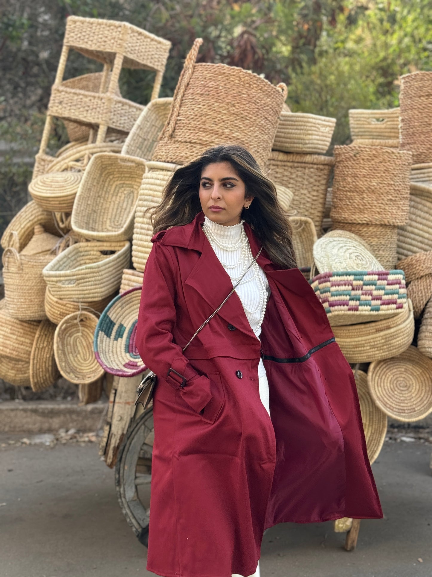 Cropped trench - burgundy