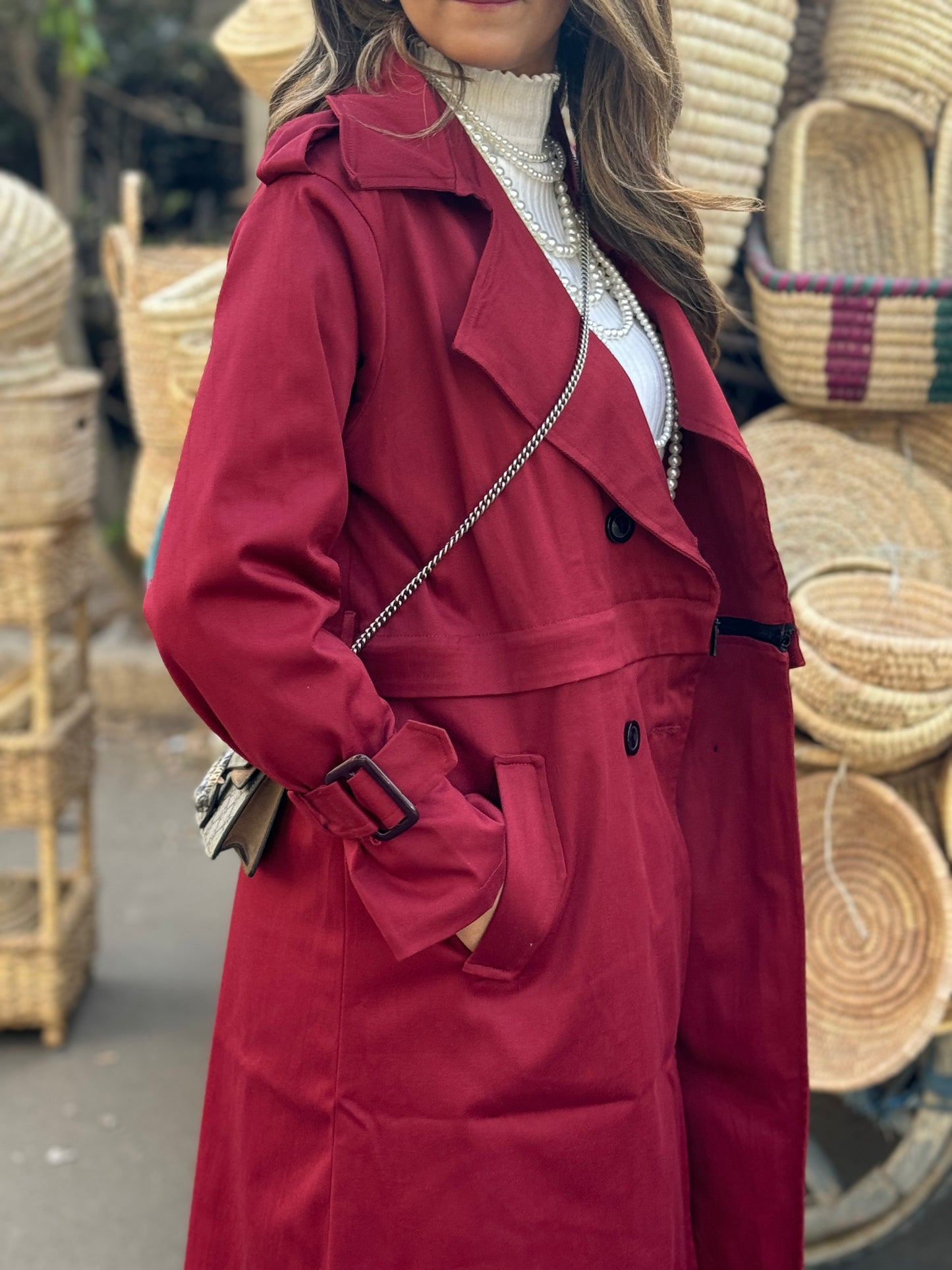 Cropped trench - burgundy